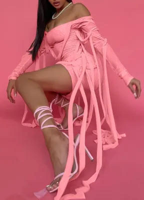 Spring Pink Off Shoulder Strings Mini Club Dress