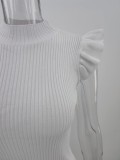 Summer White Knitting Basic Top with Ruffles Sleeve Cuffs