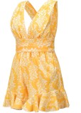 Summer Casual Floral Yellow Deep-V Sleeveless Ruffles Rompers