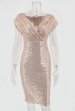 Summer Pink Sequins Deep-V Sexy Sleeveless Club Dress