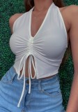 Summer Street Style White Ruched Strings Halter Crop Top