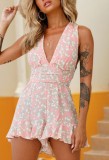 Summer Casual Floral Pink Deep-V Sleeveless Ruffles Rompers