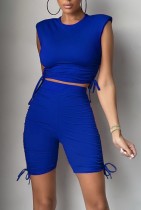 Summer Casual Royal Blue Ruched Strings Crop Top and High Waisted Shorts 2PC Matching Set
