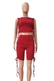 Summer Casual Red Ruched Strings Crop Top and High Waisted Shorts 2PC Matching Set
