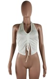 Summer Street Style White Ruched Strings Halter Crop Top