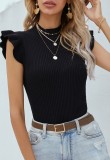 Summer Black Knitting Basic Top with Ruffles Sleeve Cuffs