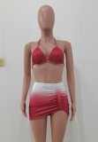 Summer Red Bra and Panty Set with Gradient Mini Skirt 3PC Party Set