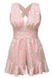 Summer Casual Floral Pink Deep-V Sleeveless Ruffles Rompers