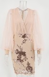 Summer Pink Mesh Patch V-Neck Sequins Mini Club Dress