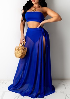 Summer Beach Blue High Waist Bandeau Swimwear with Matching Cover-Up