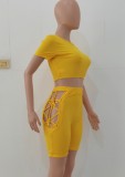 Summer Yellow Ribbed Crop Top and Lace-Up High Waist Shorts Matching 2PC Set