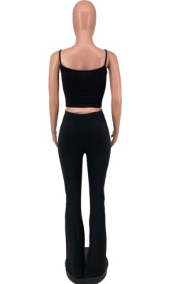 Summer Casual Black Strap Crop Top and High Waist Pants Matching 2PC Set