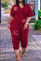 Summer Casual Red V-Neck Ripped Loose Jumpsuit