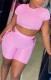 Summer Pink Ribbed Crop Top and Lace-Up High Waist Shorts Matching 2PC Set