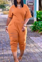 Summer Casual Orange V-Neck Ripped Loose Jumpsuit