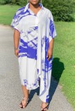 Summer White and Blue Print Long Blouse Dress