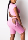 Summer Pink Ribbed Crop Top and Lace-Up High Waist Shorts Matching 2PC Set