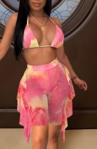 Summer Pink Tie Dye Sexy Bra and Ruffles Shorts Matching 2PC Set