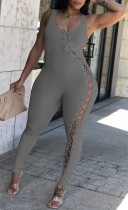 Summer Grey Ribbed Sleeveless Lace-Up Sexy Bodycon Jumpsuit