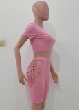 Summer Pink Ribbed Crop Top and Lace-Up High Waist Shorts Matching 2PC Set