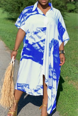Summer White and Blue Print Long Blouse Dress