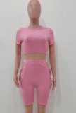 Summer Pink Ribbed Crop Top and Lace-Up High Waist Shorts Matching 2PC Set