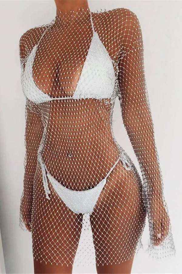 Summer White Beaded Long Sleeve Fishnet Dress Cover-Up