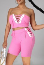 Summer Pink Lace-Up Strapless Crop Top and High Waist Shorts 2PC Set