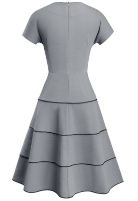 Summer Elegant V-Neck Stripes Grey Vintage Skater Dress