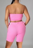 Summer Pink Lace-Up Strapless Crop Top and High Waist Shorts 2PC Set