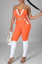 Summer White and Orange Lace-Up Strapless Crop Top and High Waist Pants 2PC Set