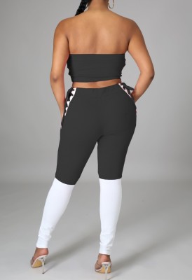 Summer White and Black Lace-Up Strapless Crop Top and High Waist Pants 2PC Set