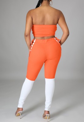 Summer White and Orange Lace-Up Strapless Crop Top and High Waist Pants 2PC Set