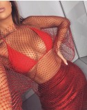 Summer Red Beaded Long Sleeve Fishnet Dress Cover-Up