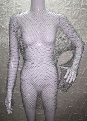 Summer Silver Beaded Long Sleeve Fishnet Dress Cover-Up