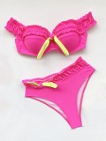 Summer Pink Two Piece Ruffles Knotted Swimwear