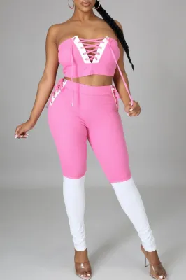Summer White and Pink Lace-Up Strapless Crop Top and High Waist Pants 2PC Set