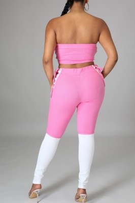 Summer White and Pink Lace-Up Strapless Crop Top and High Waist Pants 2PC Set
