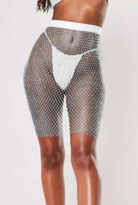 Summer Beading Grey Fishnet High Waist Shorts Cover-Up