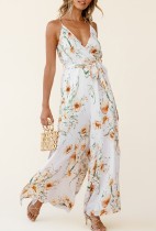 Summer Casual Floral White Slit Bottom Wrapped Strap Jumpsuit