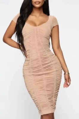 Summer Beige Short Sleeves Elegant Ruched Midi Dress