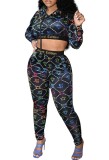 Spring Print Hoody Crop Top and High Waist Pants 2PC Jogger Suit