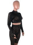 Summer Black Hollow Out Long Sleeve Crop Top and High Waist Shorts 2PC Bodycon Set