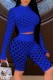 Summer Blue Hollow Out Long Sleeve Crop Top and High Waist Shorts 2PC Bodycon Set