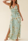 Summer Casual Floral Green Slit Bottom Wrapped Strap Jumpsuit