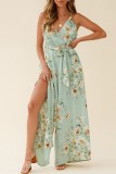 Summer Casual Floral Green Slit Bottom Wrapped Strap Jumpsuit