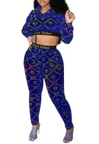 Spring Print Hoody Crop Top and High Waist Pants 2PC Jogger Suit