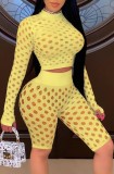 Summer Yellow Hollow Out Long Sleeve Crop Top and High Waist Shorts 2PC Bodycon Set