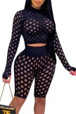 Summer Black Hollow Out Long Sleeve Crop Top and High Waist Shorts 2PC Bodycon Set