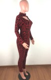 Spring Red Long Sleeve Cut Out Print Bodycon Sexy Jumpsuit